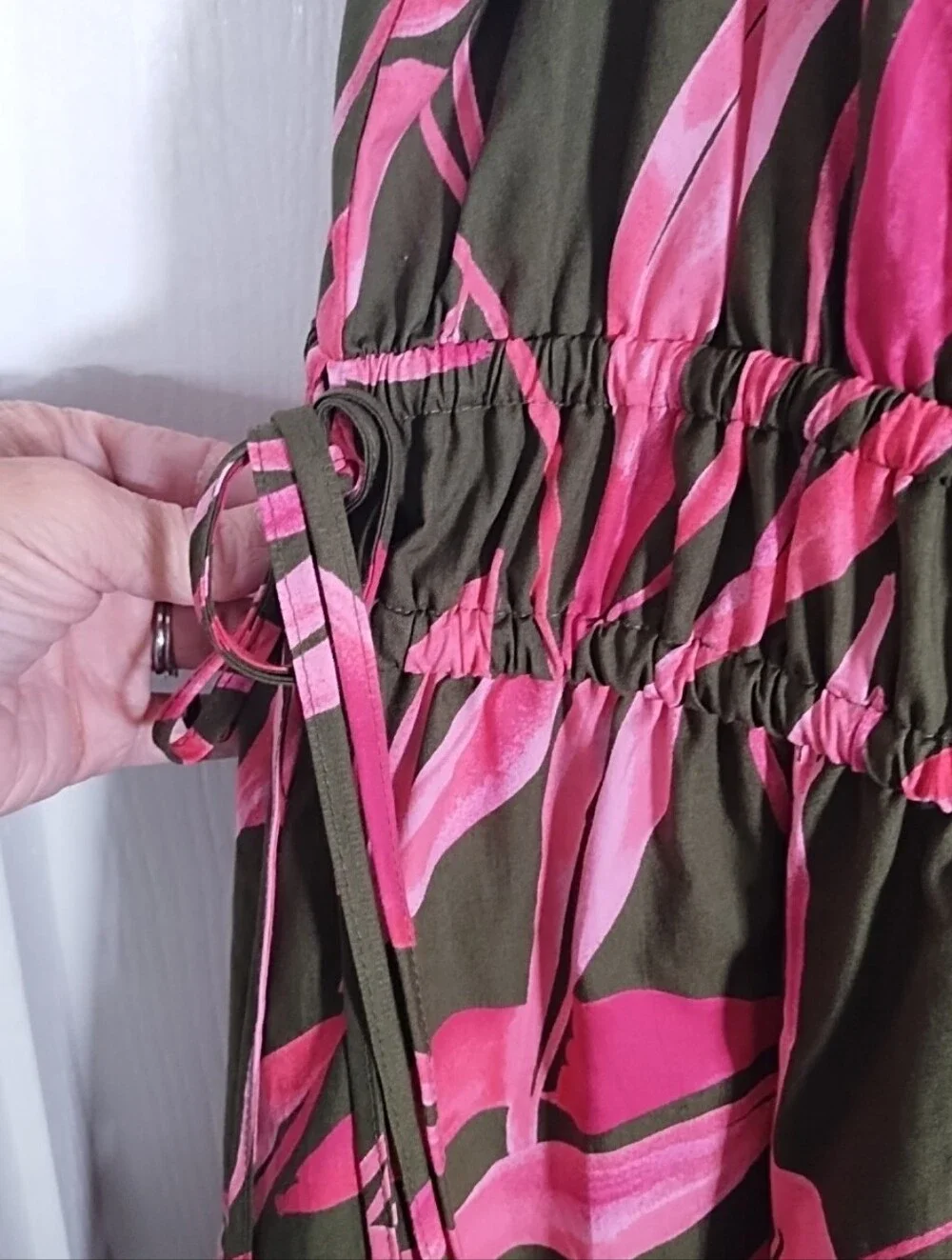Time and Tru Women's XL One Shoulder Cotton Midi Dress Pink Olive/Gray Pockets